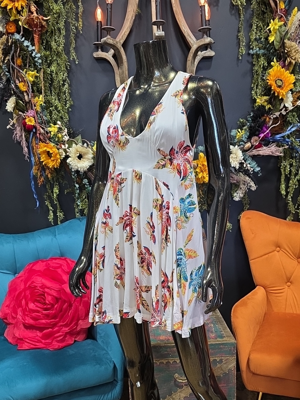 Free People White Mini Dress with Multicolor Floral Print